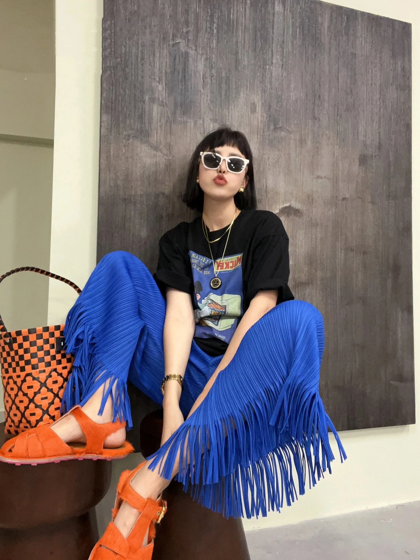 Women's Accordion Pleated Pants High Waist Nine Points Slimming Wide Leg Tassel Detail Casual Trousers Vintage Style