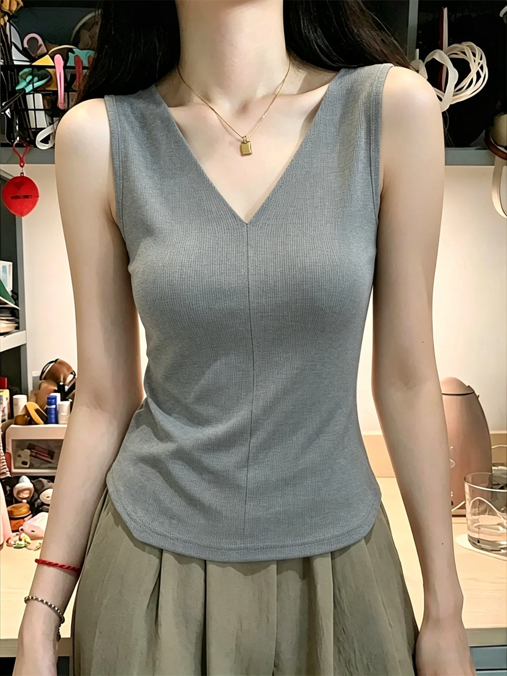 Women's V-Neck Sleeveless Vest 95% Cotton Summer Spring New Style plus Size Slim Fit Inner Wear Outer Wear Base Layer Tank Top