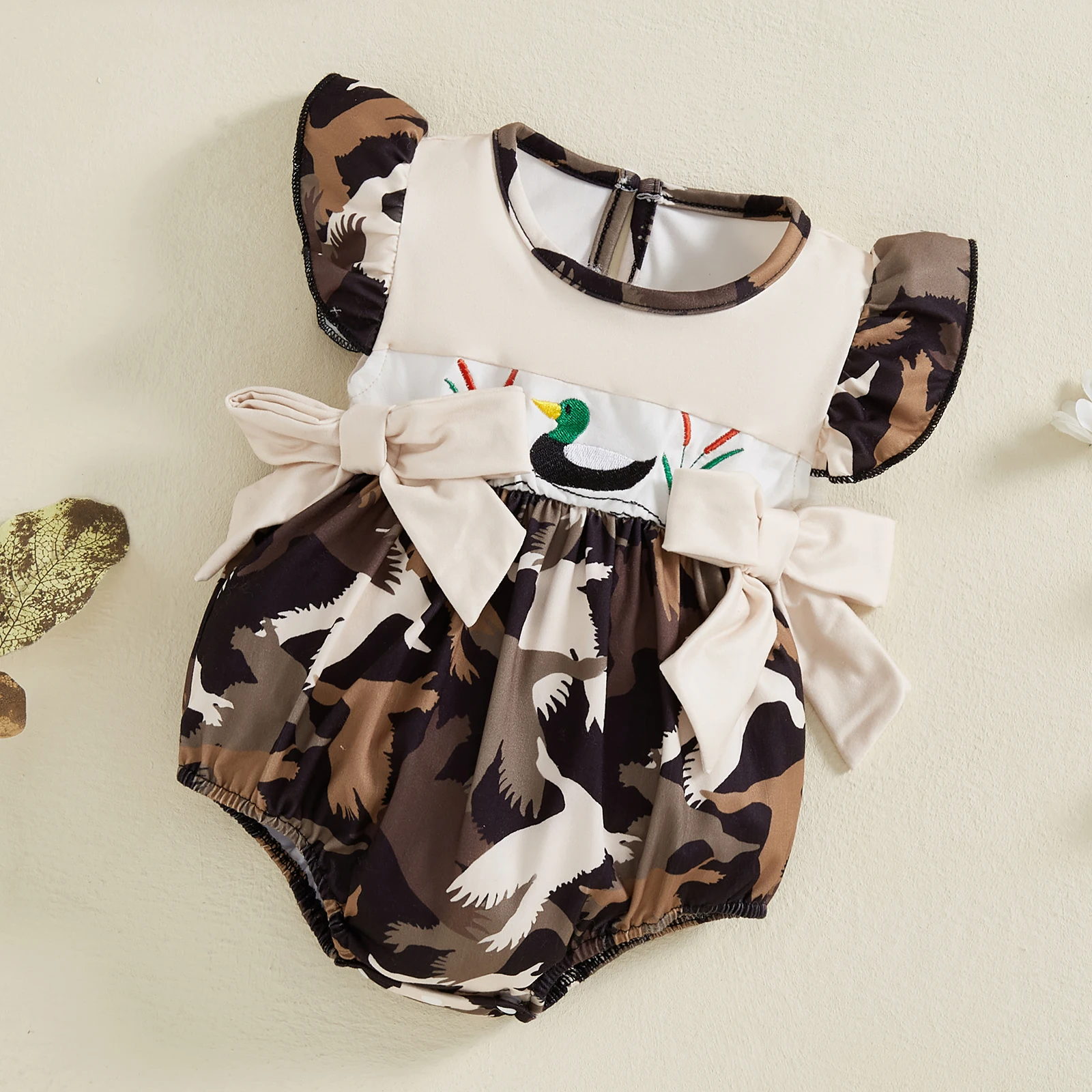 Cute Baby Girls Rompers Wild Goose/Duck Embroidery Double Bowknot Round Neck Fly Sleeve Infant Bodysuits Jumpsuits