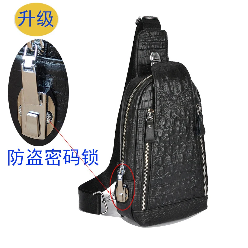 Men's leather chest bag with multifunctional password lock, riding crossbody bag, backpack with crocodile pattern, top layer cow