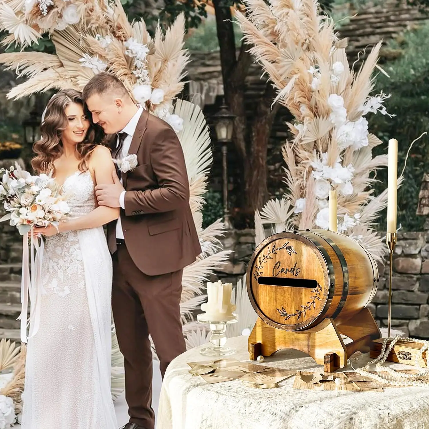 Wooden Whiskey Barrel Card Box with Base, Rustic Wedding Money Gift Holder for Cards, Graduation Baby Shower Party Decor