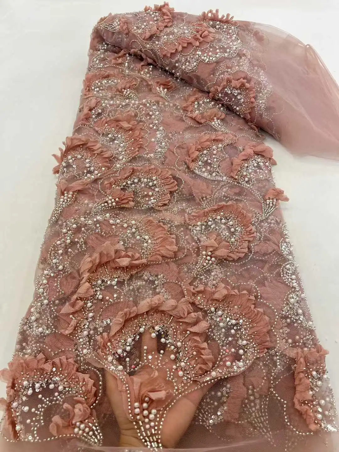 

French Sequin Beaded Fabric Polyester For Sewing Wedding Party Lace Dresses Material Tulle Fabric 5 Yards