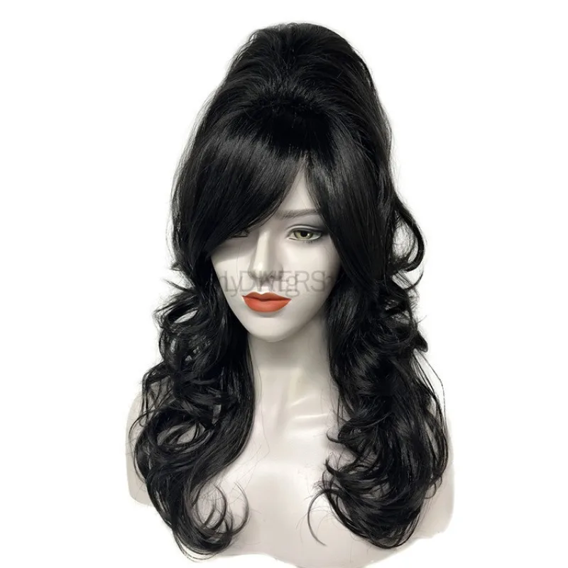 Vintage Wig Long Wavy Black Wig Big Bouffant Beehive Wigs for Women for 50s 80s Costume