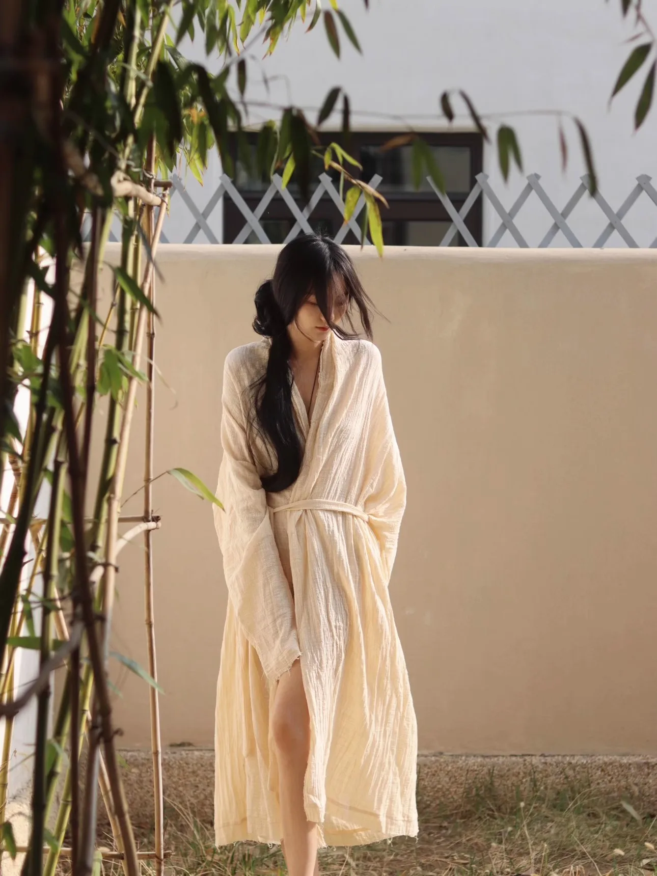 Healing Zen Style Gentle Temperament New Chinese Cotton Linen Dress Ethereal Fairy Atmosphere A-Line Skirt V-Neck Long Sleeve