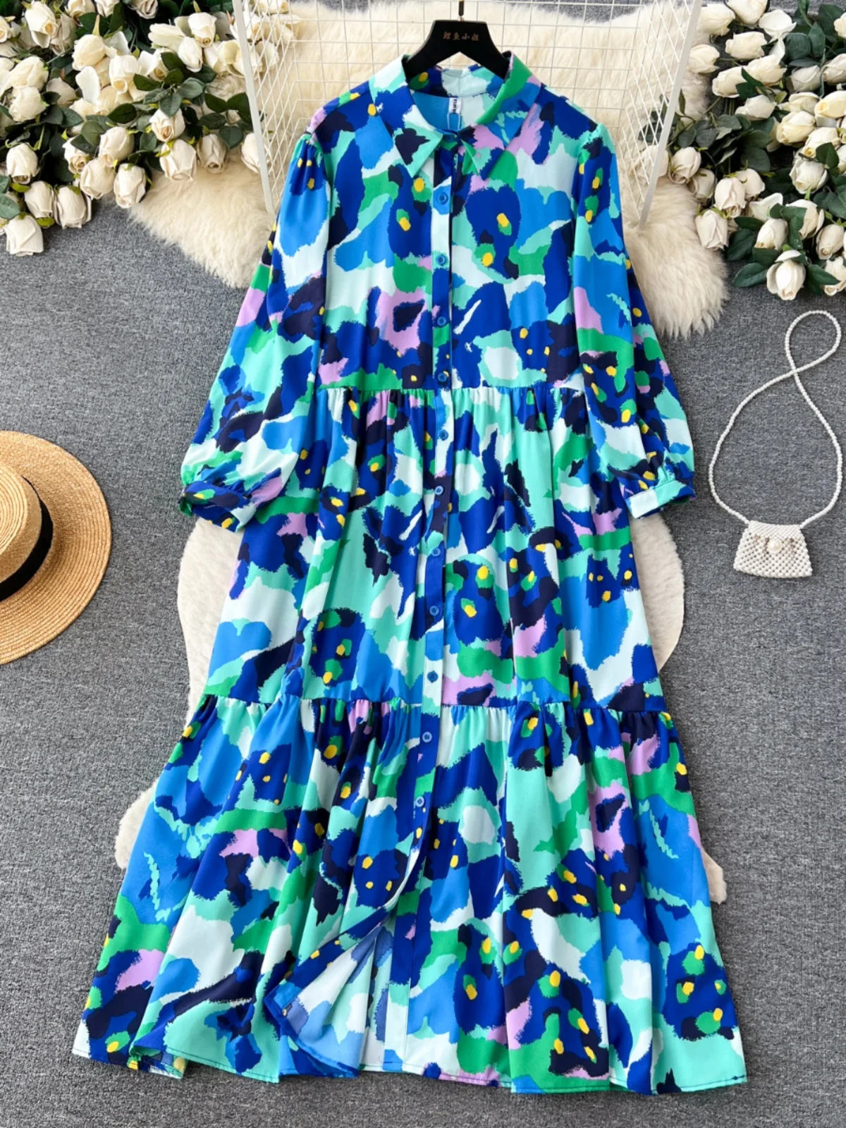 Blumendruck Maxi Dr Damen Lazy Sle Loose Long Sve Umlegekragen Single Button Schlankheitsdrapey Holiday Dr