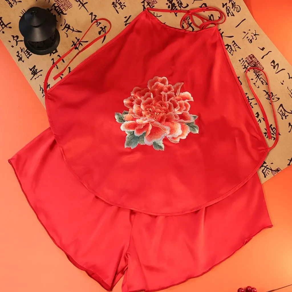 

Women's Red Embroidered Bellyband Suzhou Style Chinese Traditional Inner Sling Antique Pajamas Top Home Clothes Underwear