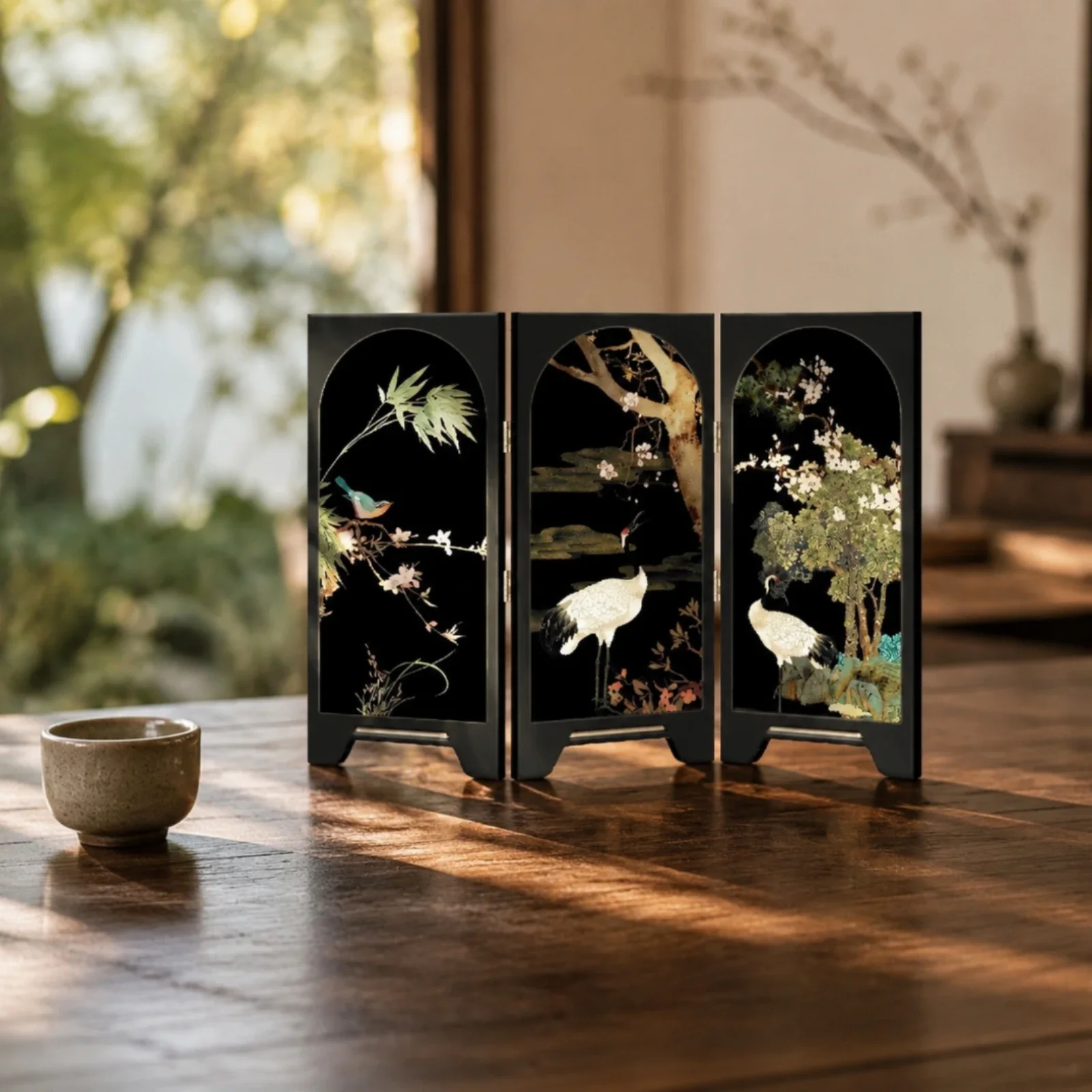 Decorative Ornament Semi-Handmade New Chinese Style Table Screen Desktop Ornament Slim for Tea Corner, Vintage Interiors