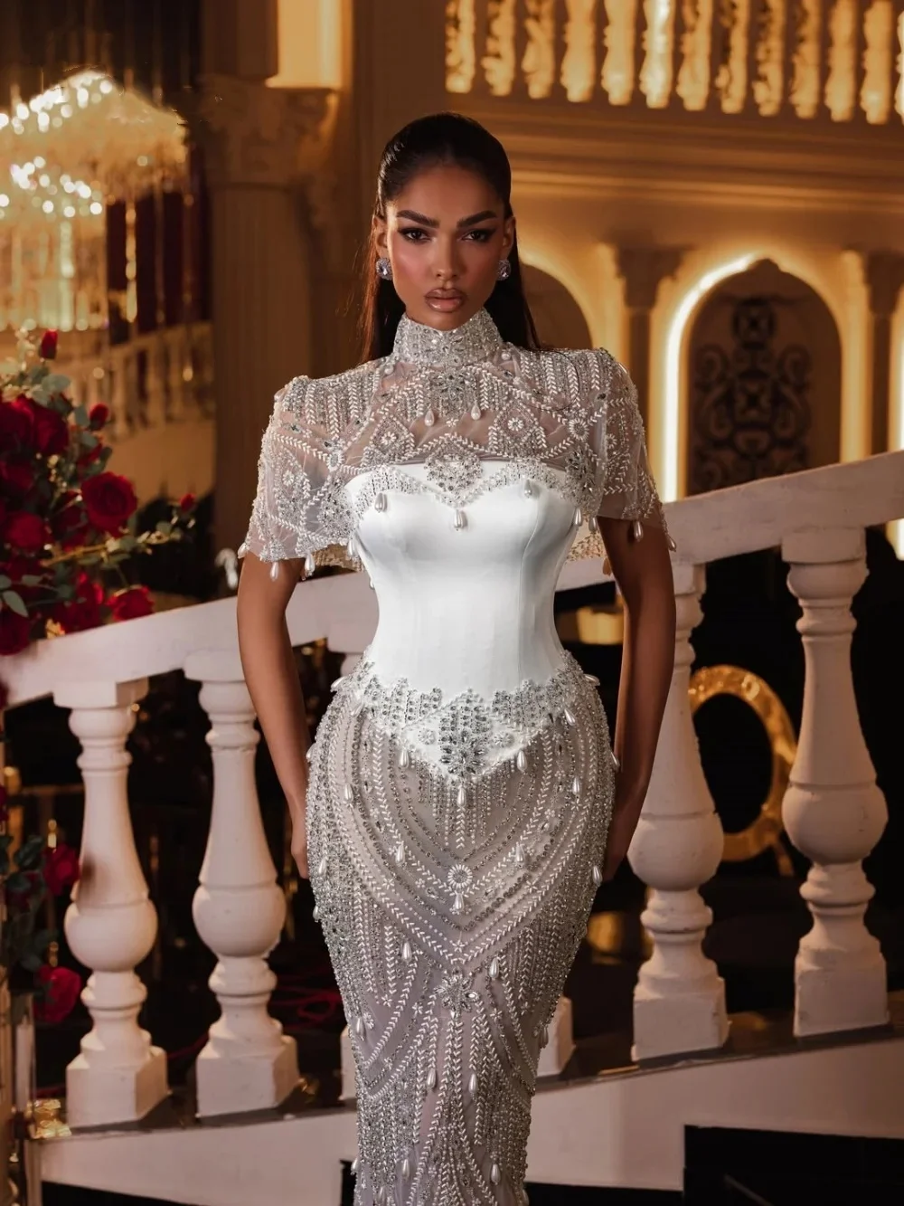 Exquisite Wedding Dresses High Neck Mermaid Bridal Gowns Pearls Beading Illusion Rhinestone Customized Vestidos De Novia