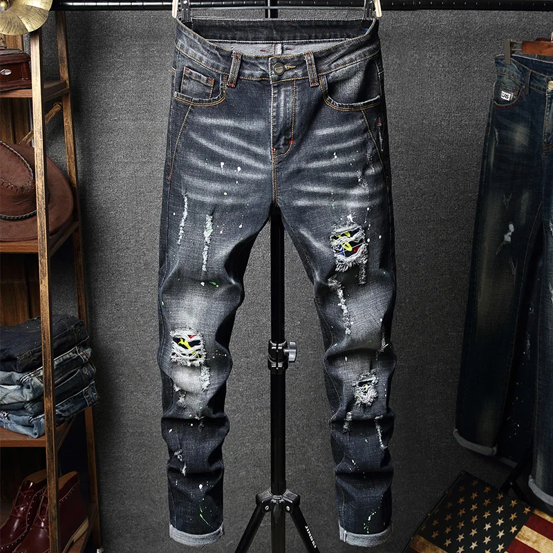 

Fashion New Slim Stretch Ripped Jeans Men's Streetwear Paint Spots Denim Pants Hip Hop Punk Personality Hole Male Trousers