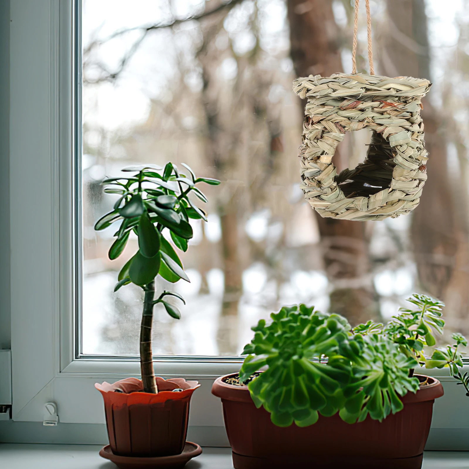 

Natural Grass H woven Bird House Straw Woven Nesting Parrot Breeding Bird Supply Double Entrance Lantern Style