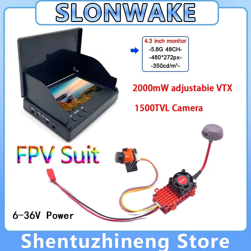 

5.8G 2000mW VTX Transmitter Built-in Microphone with CMOS 1500TVL camera and 4.3 inch LCD Screen 800*480 FPV Monitor For RC