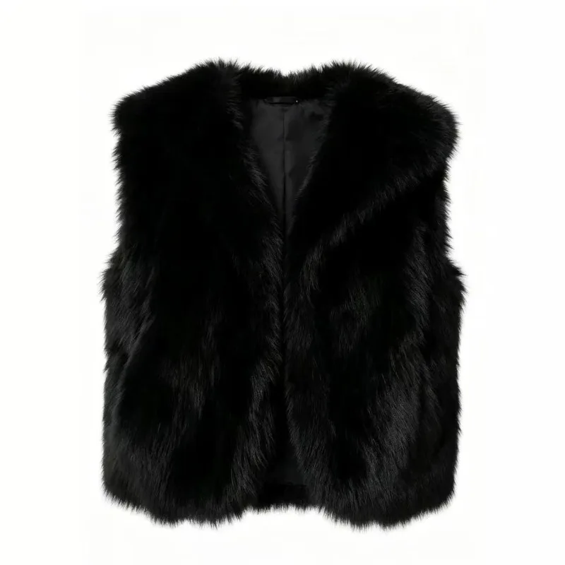 Women Faux Fur Vest Sleeveless Wide Lapel Collar Solid Color Open Front Loose Fit Warm Thick Faux Fur Gilet Luxury Vintage