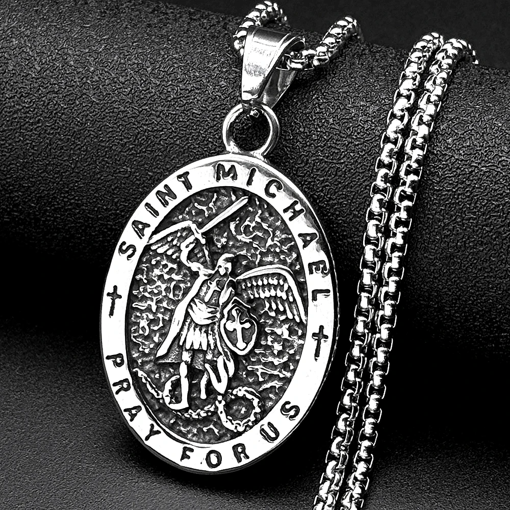 Collier en acier inoxydable avec pendentif ovale couleur argent, Archange Saint Michel Prière pour nous, pour femmes et hommes, bijoux