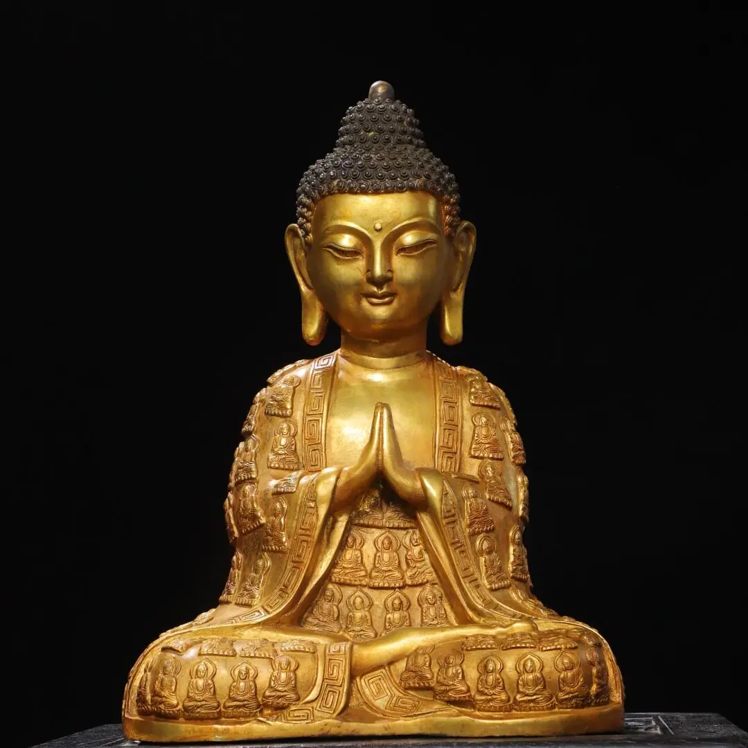 Gold Plated Copper Shakyamuni Thousand Buddhas Robe Statue Vintage Desktop Decor