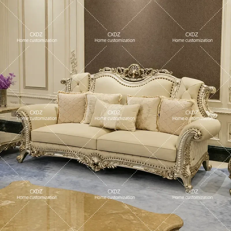 Light Luxury Court Style Fabric Sofa with Solid Wood Carved Floral Details for Living Room Small Apartment or Villa 2025 New