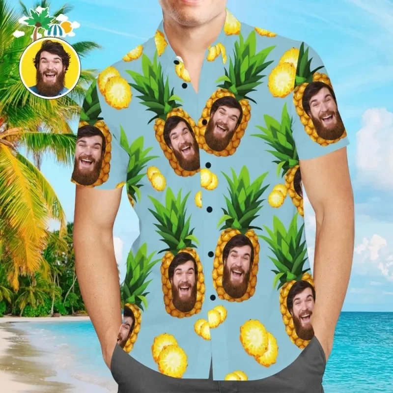 Personalized Hawaii Shirts Funny Face Diy Pineapple Custon Unisex Shirts 3D Print Beach Tops Couple Parent-children Clothes