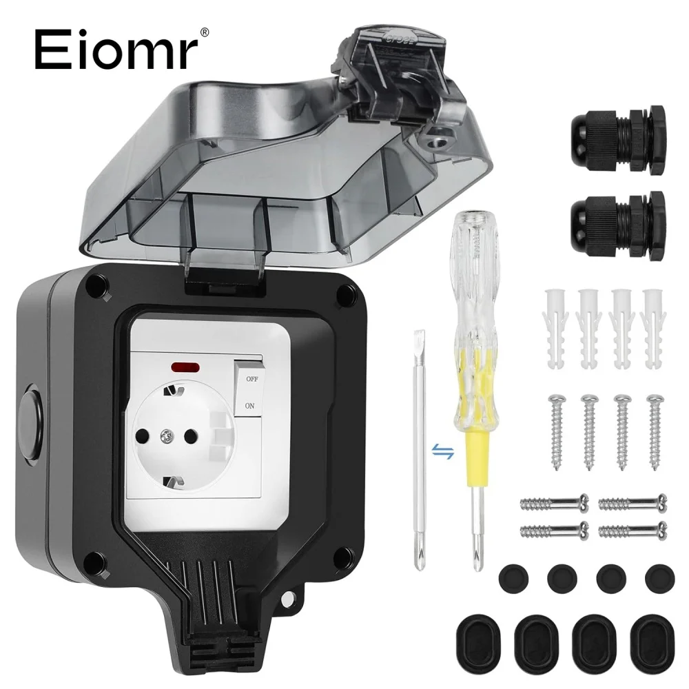 

EIOMR Outdoor IP66 Single Socket with Switch Control - Black Waterproof Power Outlet, 16A 220V EU Standard for Garden Patio Yard