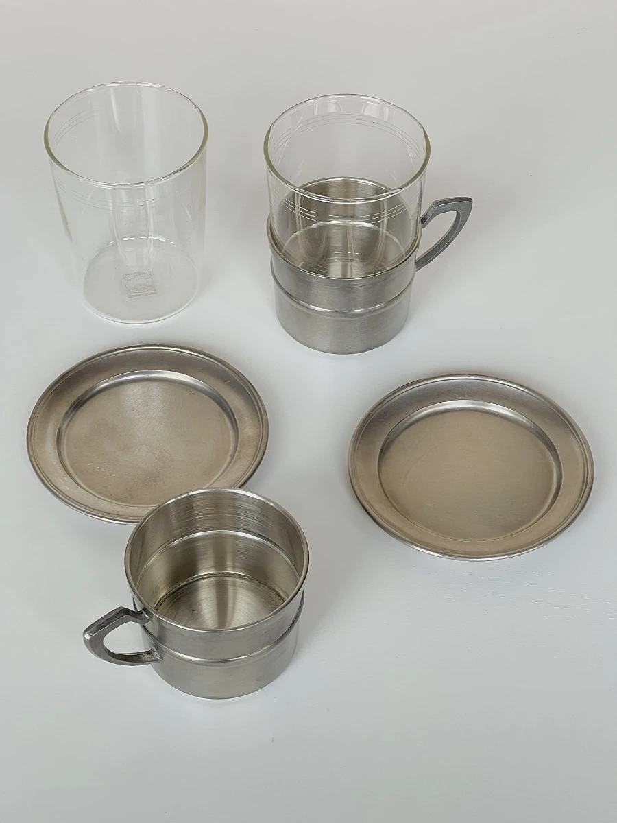 Medieval metal glass cups, coffee cups, plates, tin cup holders, cups, plates