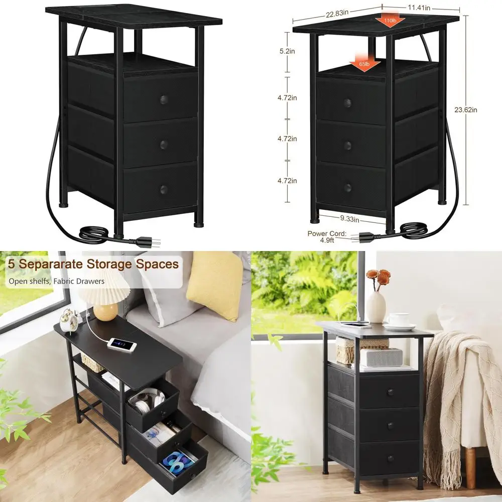 

Черный тонкий приставной столик с USB-зарядкой и розетками для гостиной и спальни