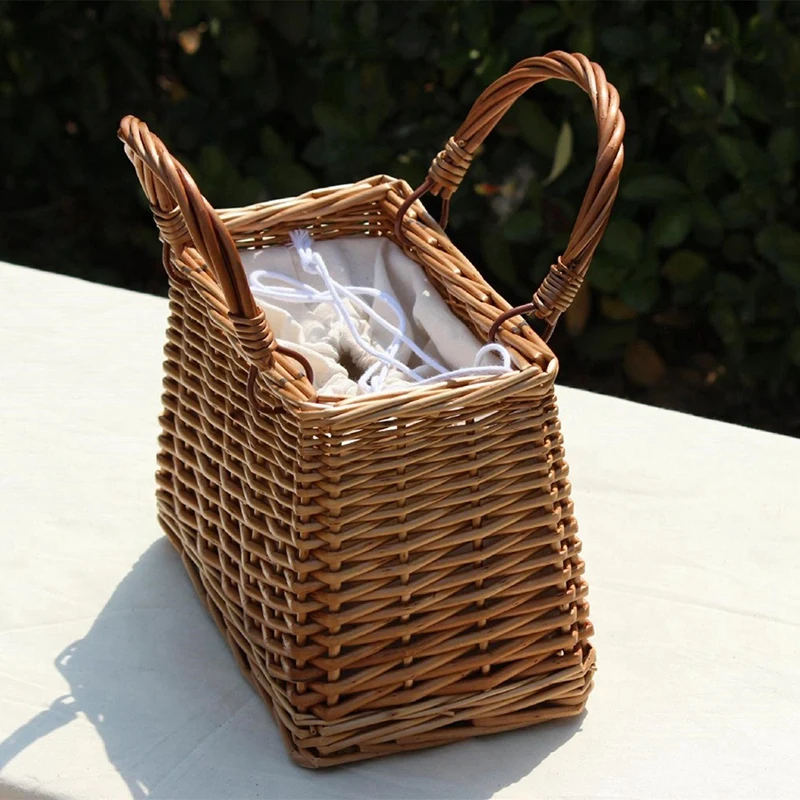 Rattan Woven Bag Retro Style Bag Handbag Beach Bag Storage Basket Lunch Box Bag