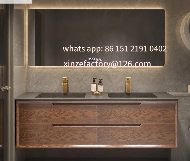 

Customizable winter Light luxury Chinese bathroom cabinet rock slab red oak integrated washbasin