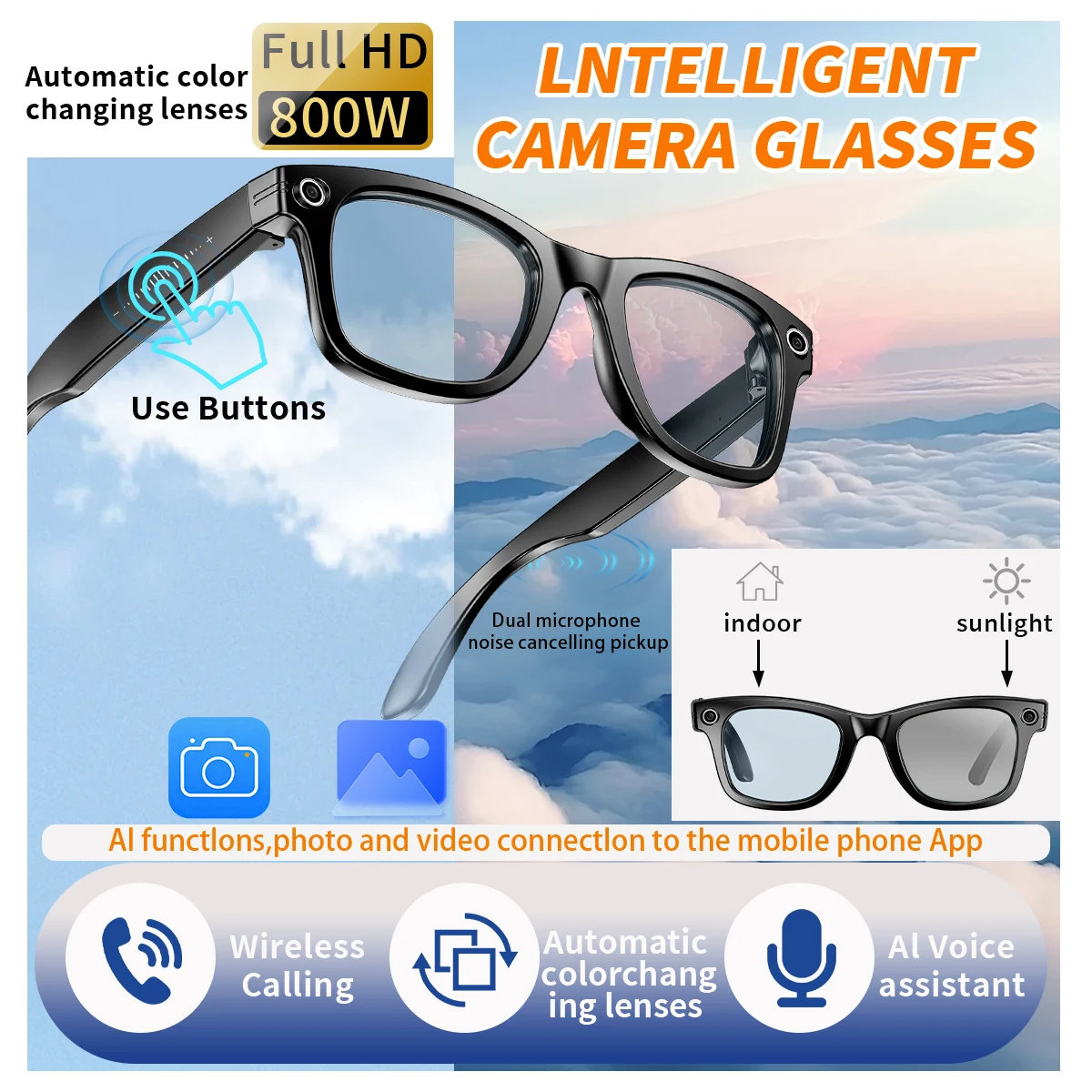 

New 8MP Camera Glasses Color-Change Lens Video Recording Glasses BT Call AI Voice Assistant Smart AI Glasses Bluetooth Sungasses