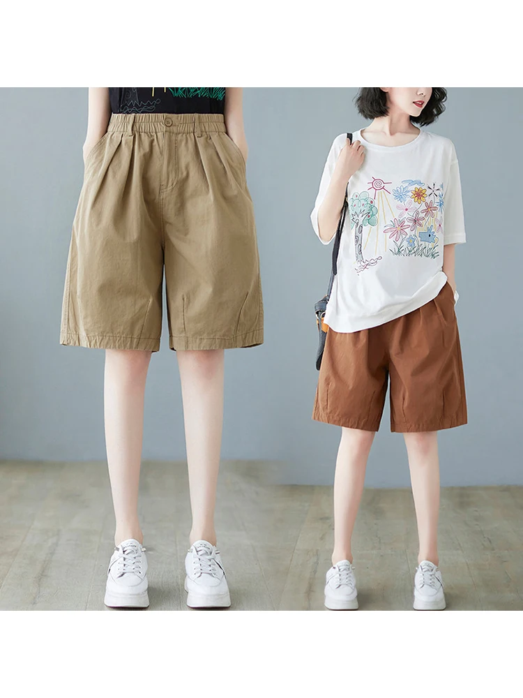 Summer Women Casual Shorts Vintage Loose Cotton Elastic High Waist Elegant Office Lady Daily All-Match Simple Knee Length Pants