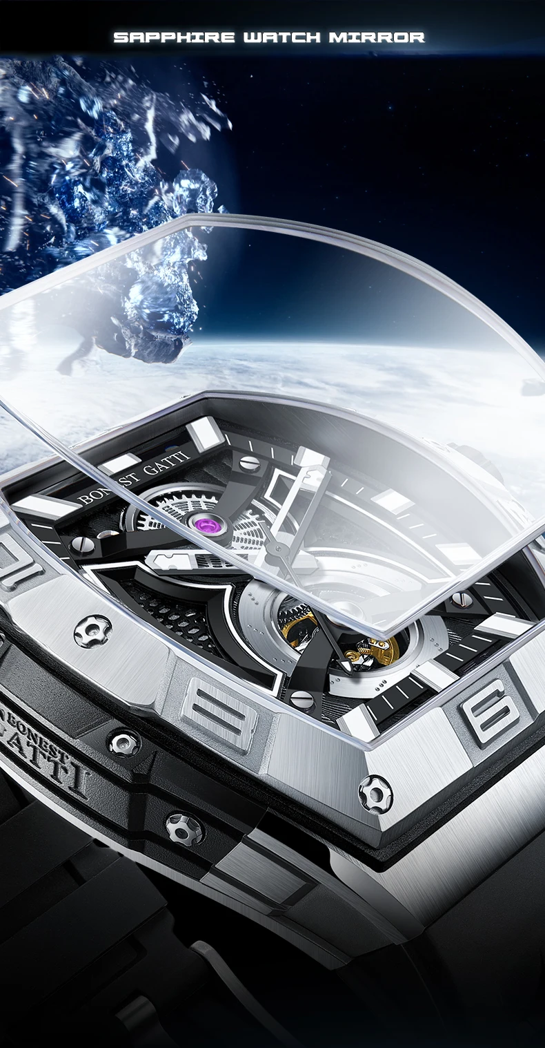 BONEST GATTI Men Automatic Watch Luxury Tonneau Mechanical Wristwatch Fashion Waterproof Sapphire Luminous Fluororubber Strap