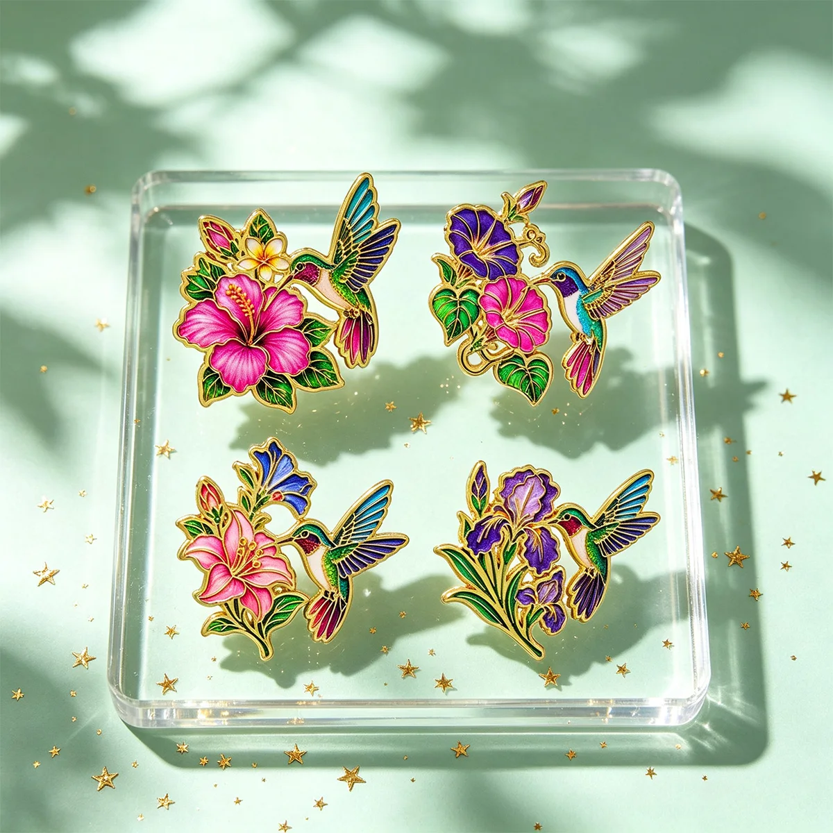 4pcs/Set Hummingbird Garden Enamel Pin Beautiful Hibiscus Morning Glory Brooch Pin For Clothes Backpack Lapel Badge Friends Gift