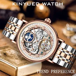 KINYUED Luxury Automatic Mechanical Men's Watches Skeleton Multifunctional Wrist Watch Moon Phase Stainless Steel Watch for Men