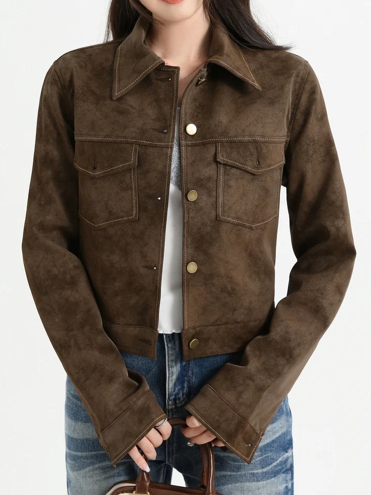 

LINFANGING Ретро Замшевый воротник Байкерский джет Женский ort Sle Повседневная подставка Осенняя новая верхняя одежда на пуговицах