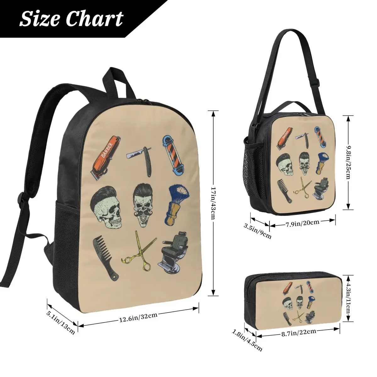 Barber Shop Sign Backpack Boys Girls BookBag School Bag Computer Shoulder Bags 3ps Insulated Lunch Bag Pencil Case