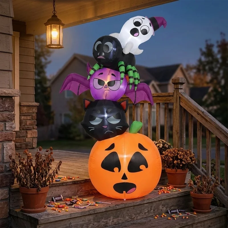 Inflatable Five Layer Stacked Halloween Ornament with Funny Expression Faces for Yard Store Festival Glowing Decoration Display