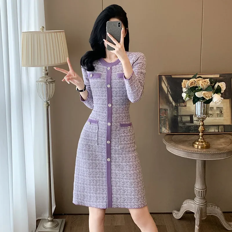 Purple Sweater Dress Women Round Neck Buttons Slim Elastic Short Pullover Knitted Dress Vintage France Style Stretch Tight