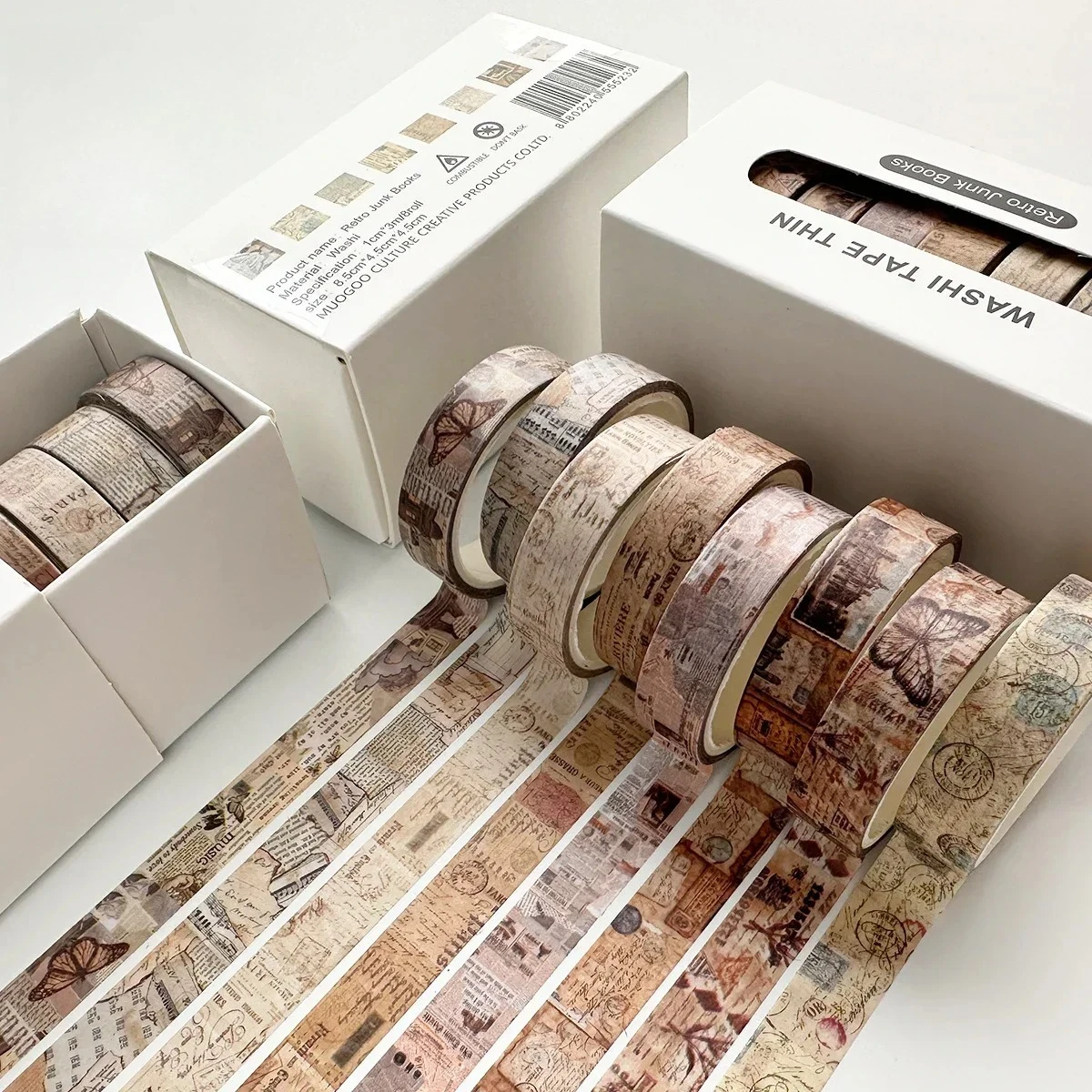 8 Rollos/set de Cinta Adhesiva Decorativa Washi con Diseño Vintage de Texto en Inglés, Flores y Paisajes, Material para Collage, Papelería Creativa para DIY y Diario