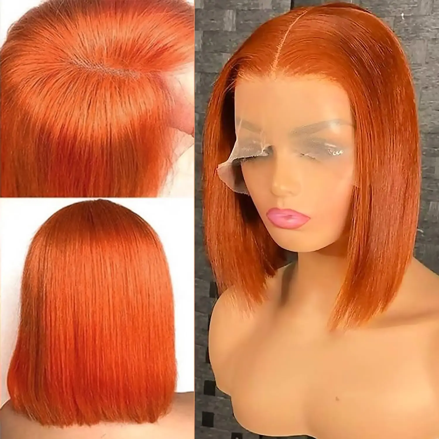 VideoOrange-Perruque Bob Lace Front Brésilienne Naturelle, Cheveux Humains, 13 Tages, Pre-Plucked, Transparent, #350, pour Femme