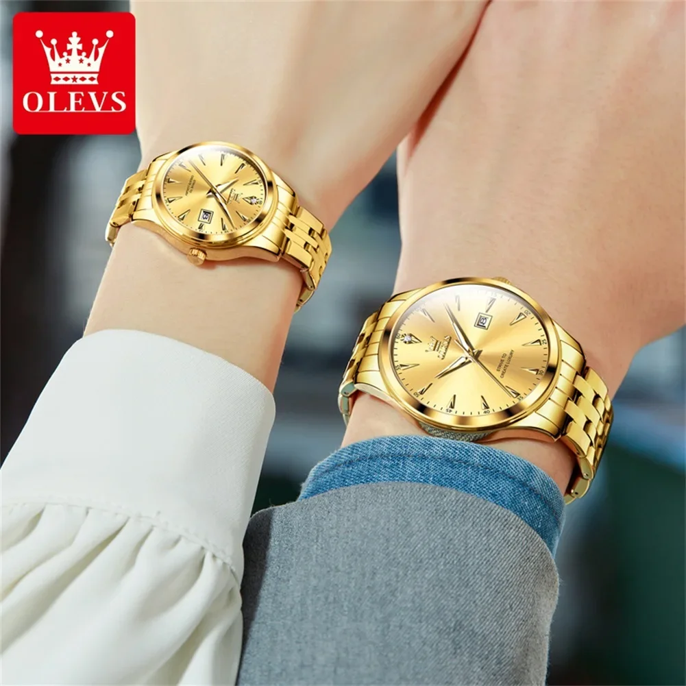 OLEVS 5598 Couple Watch Luxury Brand Waterproof Quartz Watch Fashion Diamond Calendar Date Week His and Her Couple Watch Gift