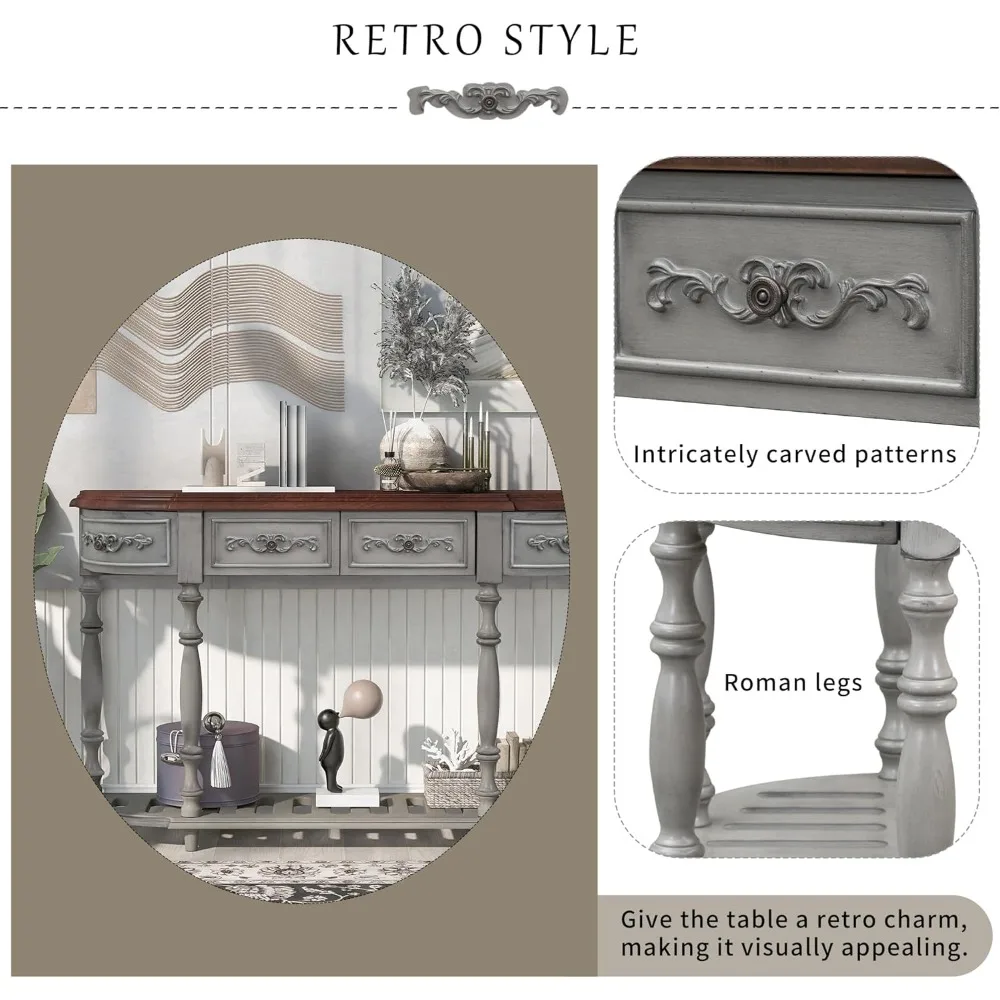 Curved Console Table with 4 Drawers, Retro Sofa Table with Solid Wood Frame and Legs, Half Moon Entry Table for Home Kitchen En