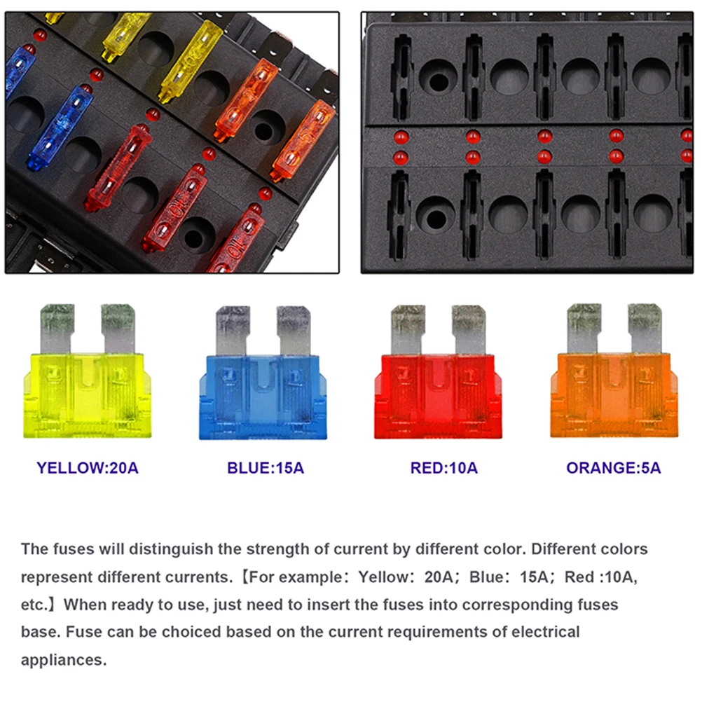 

Fuse Box Holder Universal 10-Way Compact Sturdy Transparent Cover Automotive 12-36V Car Accessory Fuse Block For Small