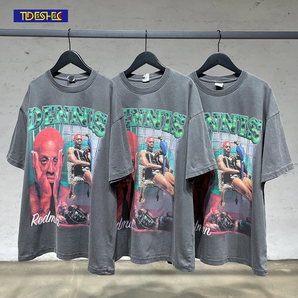 TIDESHEC 2022 Spring Summer Street Men T-shirt Vintage Washed Dennis Rodman Print T-shirt Cotton Oversized Graphics Top Tee