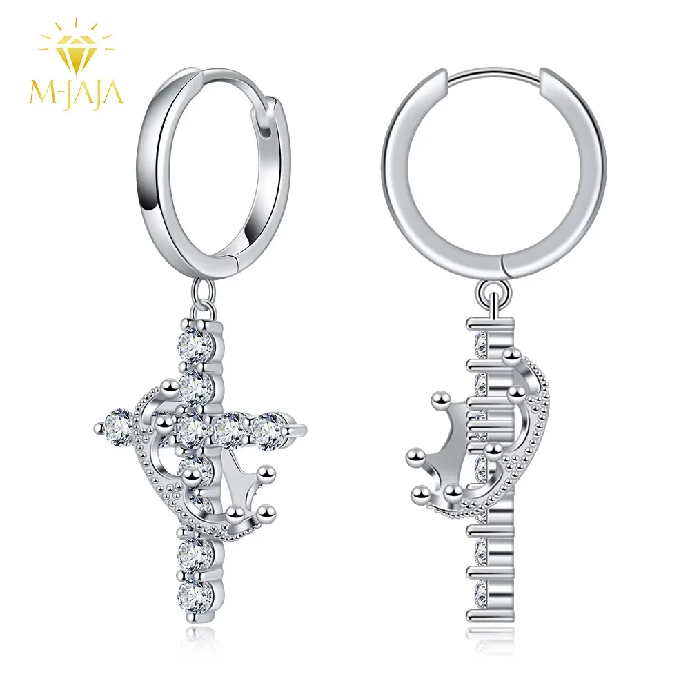 M-JAJA Moissanite Cross Pendant Earrings Rotatable Crown Diamond Hoop Earrings for Women S925 Silver Fine Jewelry Christmas Gift