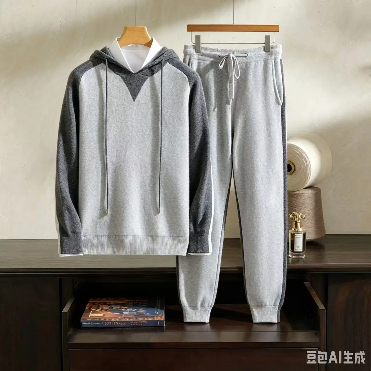 

High quality 100% cashmere men's set, casual knitted hooded pullover sweater, loose color blocked pants, pocket sports two-piece