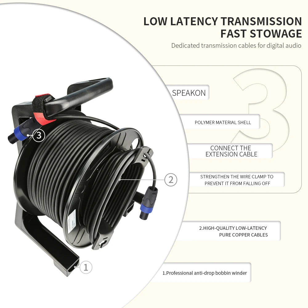 Professional 2 Core 1.5mm² OFC SpeakON Cable Reel with Chassis 10m/15m/20m/25m Speaker Cable Drum for Audio Stage Performance