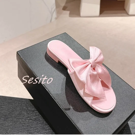 Flat Bow Mules Open Toe Slip On Summer Fashion Women Leather Satin Slippers Rubber Sole Shallow Sexy Lady Dress Daily Sandals