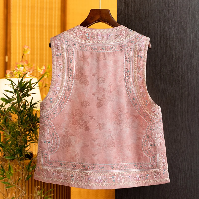 New Chinese-Style Silk and Rayon Embroidered Fashionable Versatile Vest for Women, 2026 Spring New Pink Age-Reducing Vest