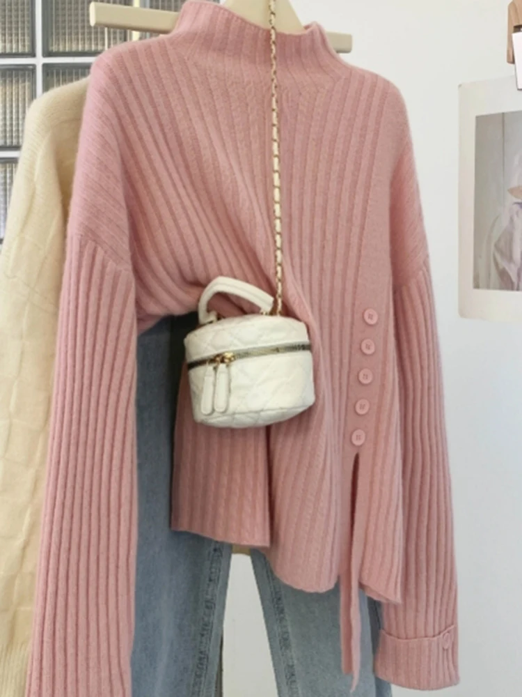 

Half High Collar Sweater Women Irregular Long Sleeved Pullover Knit Sweater Autumn Korean Style Casual Versatile Simple Tops