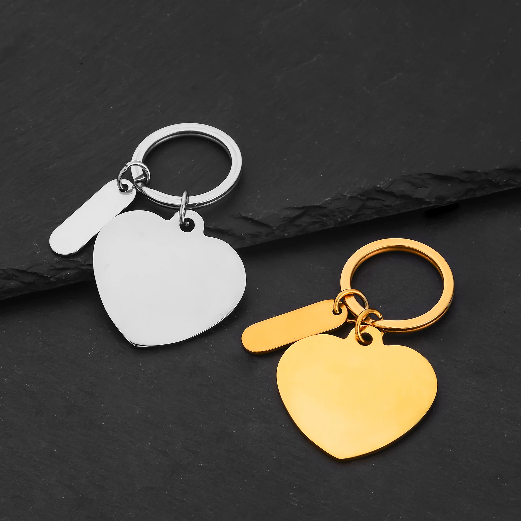 10Pcs Blank Heart Rectangle Tag Key Chain Mirror Polished Stainless Steel Key Ring Accessory Gift For Men Women Wholesale