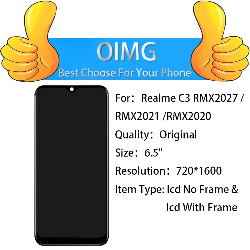 Écran tactile LCD de remplacement avec châssis, pour OPPO Realme C3, RMX2027, RMX2021, RMX2020