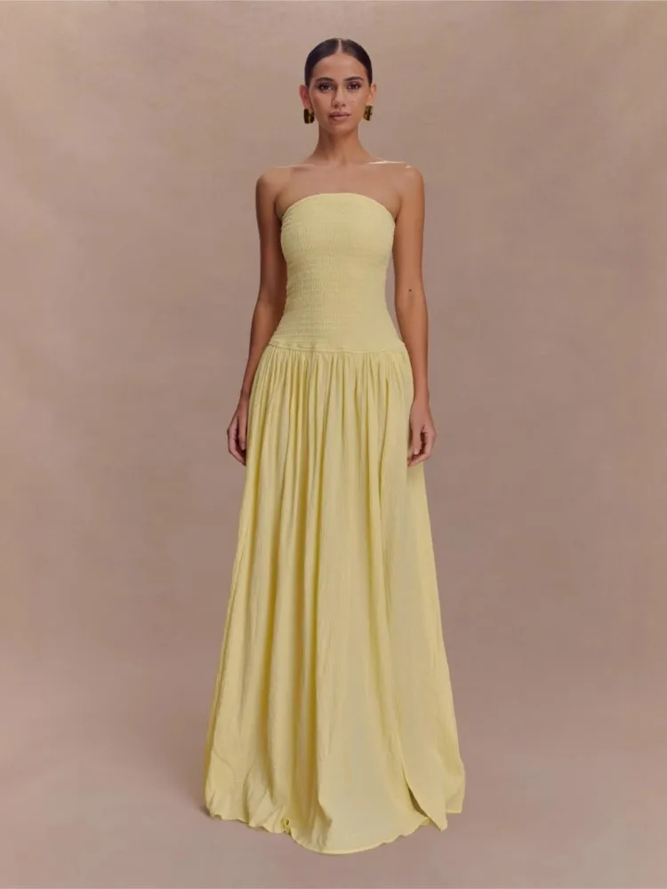 

Dresses 2025 Women's Solid Color Sleeveless Vestidos Backless Slim Fit Tube Top Long Skirt Pleated Simple Style Evening Dress