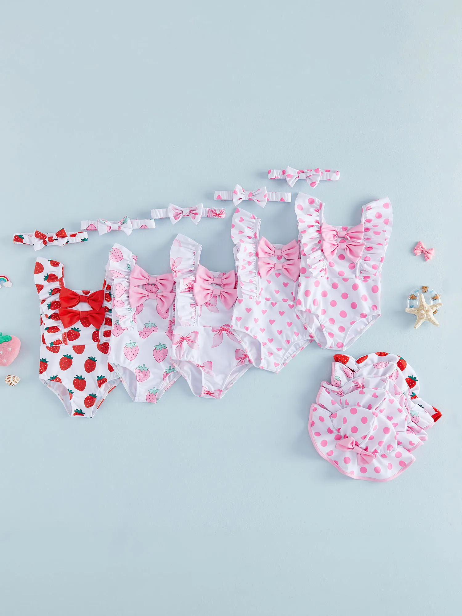 

Adorable Baby Girls Swimsuit with Ruffle Trim and Floral Print Matching Sun Hat and Headband for Beach Vacation